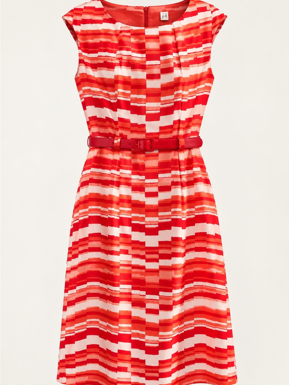 Emma & Michele Red and Coral Striped Belted Fit-and-Flare Dress
